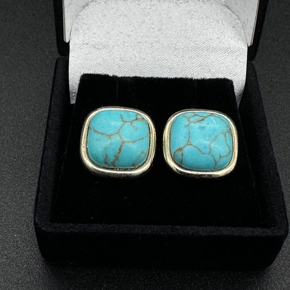 Monet Cushion Faux Turquoise Stud Earrings Silver Tone Vintage Style OS